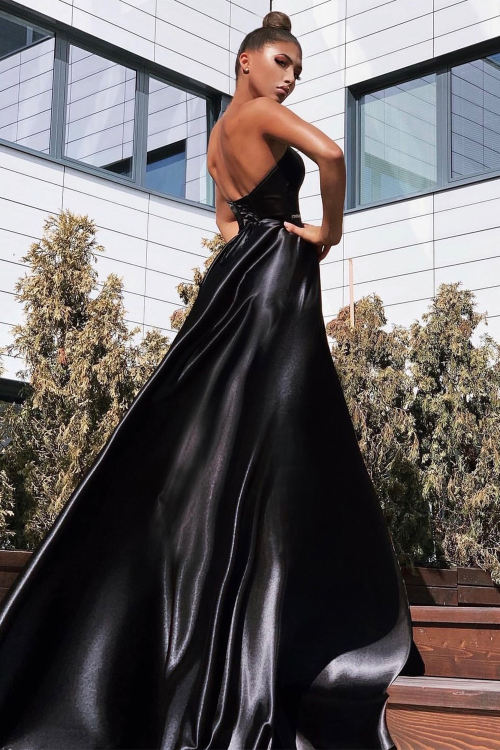 MAXI SKIRT AND CROP TOP SET CELIN SATIN BLACK LORETTI